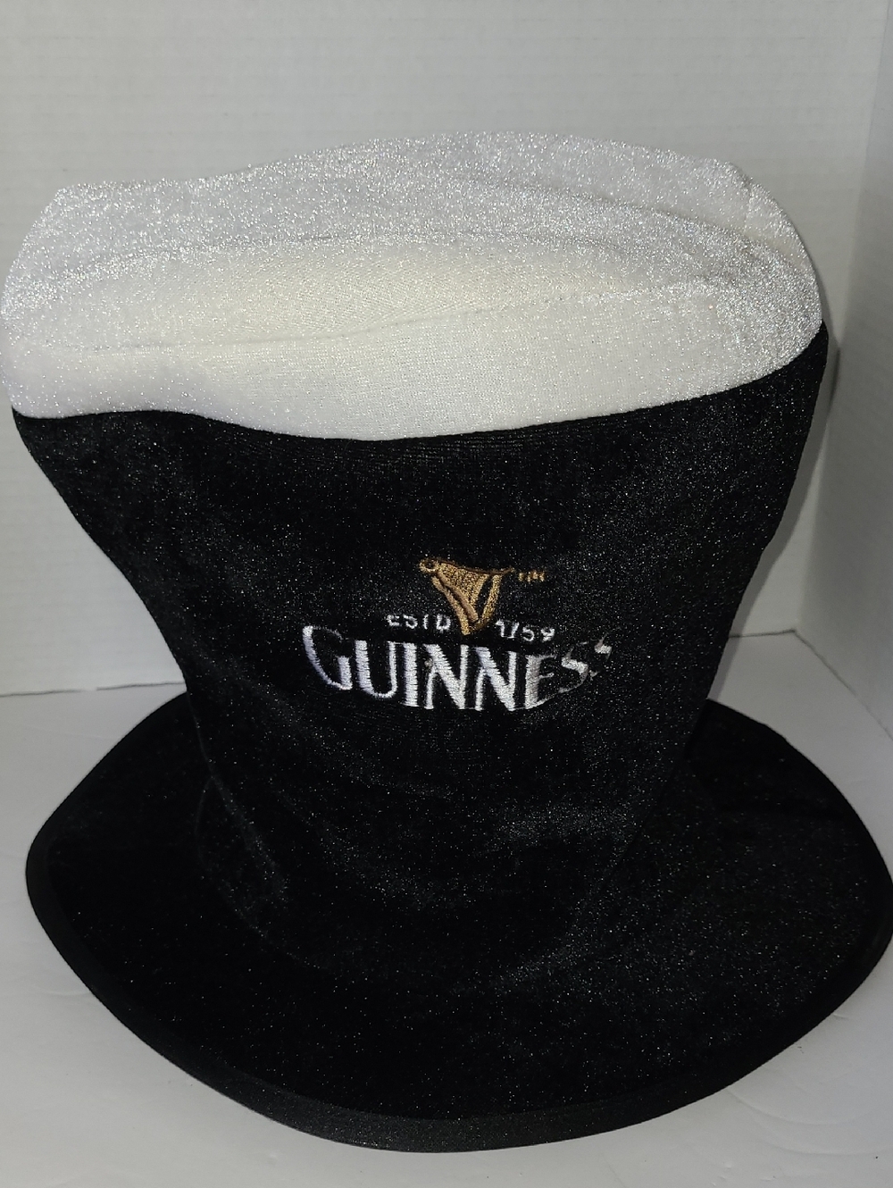Guinness Pint Black Plush Top Hat with White Foam Brim and Gold Harp